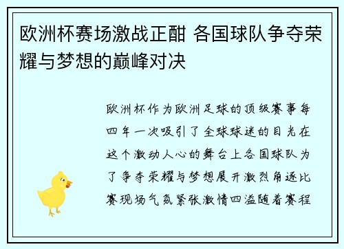 欧洲杯赛场激战正酣 各国球队争夺荣耀与梦想的巅峰对决